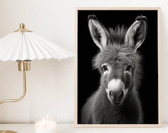 Baby ezel poster, zwart witte ezel afdrukbaar, kwekerij foto afdrukken, ezel foto afdrukken, monochrome ezel kunst, boerderij dieren foto