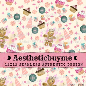 May include: A seamless pattern featuring gingerbread people, cupcakes, Christmas trees, gifts, ornaments, cherries, and candies in pink, teal, and cream colors. The text "Aestheticbuyme" and "12x12 Seamless Authentic Design" are included.