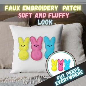 May include: White pillow with a faux embroidery patch featuring three colorful bunny figures in yellow, pink, and blue. The text on the pillow reads "SOFT AND FLUFFY LOOK". A circular graphic shows the bunnies and the text "PUT PEEPS EVERYWHERE".