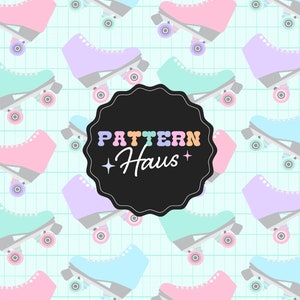May include: A seamless pattern featuring colorful roller skates on a light blue grid background. The skates are in various pastel colors, including pink, blue, green, and purple. The text "PATTERN Haus" is in the center of the pattern.