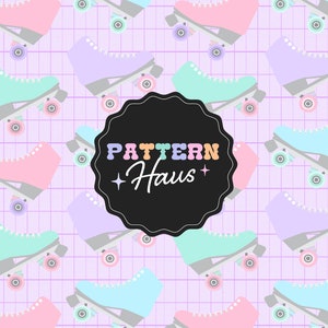 May include: A seamless pattern featuring pastel-colored roller skates on a light purple background with a grid pattern. The pattern includes pink, blue, green, and purple roller skates. The text "PATTERN Haus" is in the center of the image.