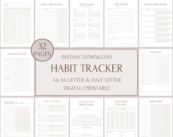 Habit Tracker Digital, Printable Daily Weekly Monthly Habit Tracker, Routine Tracker Bundle, 7 Day Habit Challenge, 30 Day Habit Tracker