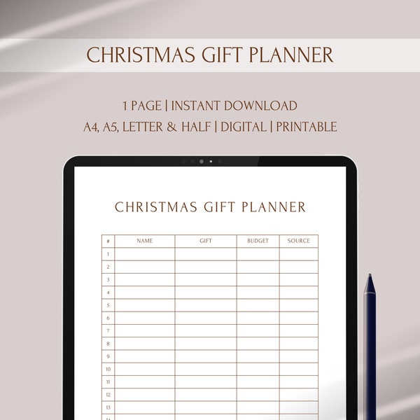 Weihnachten Geschenk Liste Planer Printable Landschaft | Geschenkliste Tracker Digital | Sofortiger Download PDF | A4, A5, Letter, Half