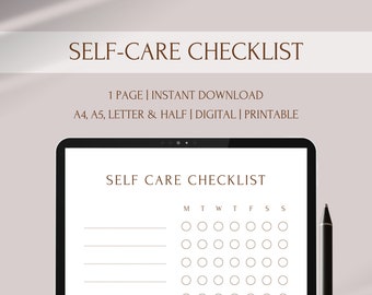 Printable Self Care Checklist, Digital Self Care Planner, Self Care Template, Self Care Routine, Downloadable Planner, A4, A5, Letter & Half