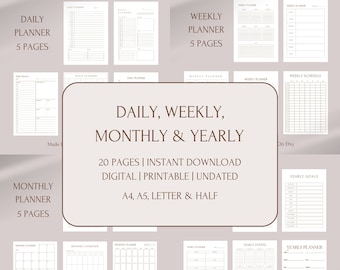 Daily, Weekly, Monthly & Yearly Planner Digital | Planner Set Printable | Work From Home Planner | Instant Download | A4, A5, Letter, Half