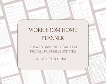 Work From Home Planner | Daily, Weekly, Monthly & Yearly Planner Digital | Printable Template | Instant Download | A4, A5, Letter, Half