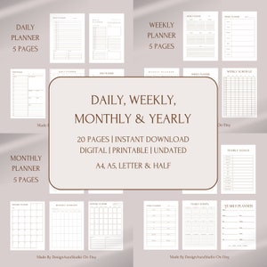 May include: A digital printable planner set with 20 pages, including daily, weekly, monthly, and yearly layouts. The planner is available in A4, A5, Letter, and Half sizes. The text on the image reads "DAILY, WEEKLY, MONTHLY & YEARLY 20 PAGES | INSTANT DOWNLOAD DIGITAL | PRINTABLE | UNDATED A4, A5, LETTER & HALF"
