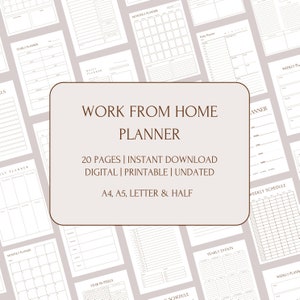 Work From Home Planner | Planejador Digital Diário, Semanal, Mensal e Anual | Modelo para impressão | Download instantâneo | A4, A5, Carta, Meio