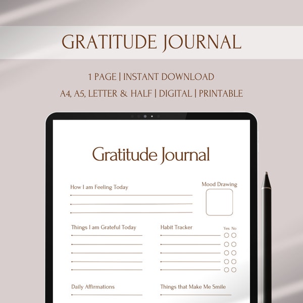 Gratitude Journal Digital, Gratitude Tracker Printable Landscape, Thankfulness Planner Sheet, Instant Download Pdf, A4, A5, Letter & Half