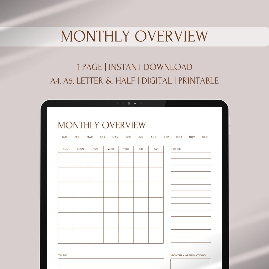 Monthly Overview Sheet Digital Undated Monthly Calendar Printable ...
