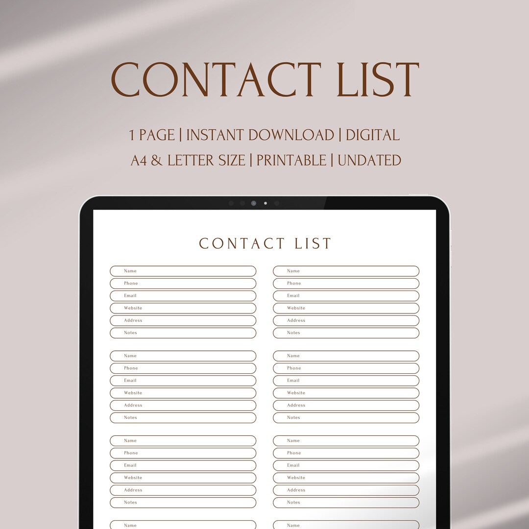 Contact List Printable Template Digital Contact List Address Book ...