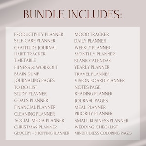 May include: A list of printable planner pages, including productivity, self-care, gratitude, habit tracker, timetable, fitness, brain dump, journaling, to-do list, study, goals, financial, cleaning, social media, Christmas, grocery shopping, mood tracker, daily, weekly, monthly, blank calendar, yearly, travel, vision board, notes, reading, journal, meal, priority, small business, wedding checklist, and mindfulness coloring pages.