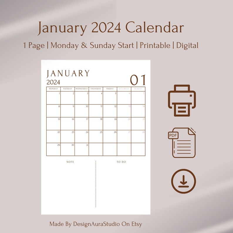 January 2024 Calendar Printable Digital January Planner Monthly