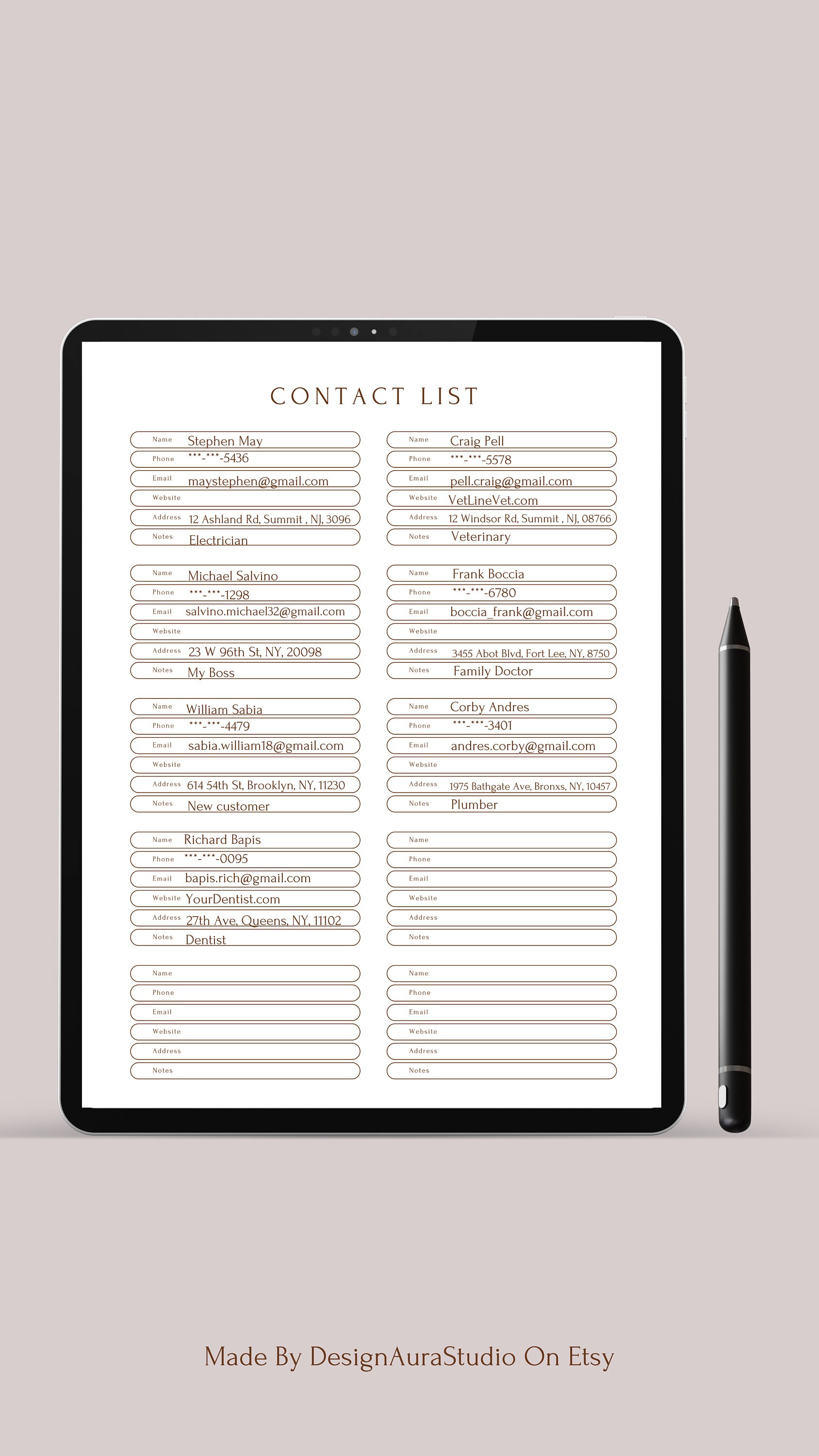 Contact List Printable Template Digital Contact List Address Book ...