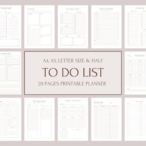 Puede incluir: Un planificador de lista de tareas imprimible con 29 páginas en varios tamaños, incluyendo A4, A5, carta y media carta. El planificador presenta un diseño sencillo con líneas marrones y el texto "TO DO LIST" en una fuente marrón.