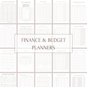 May include: A printable set of 12 finance and budget planner pages. The pages are designed to help you track your income, expenses, savings, and net worth. The pages are in a minimalist style with brown lines and text.