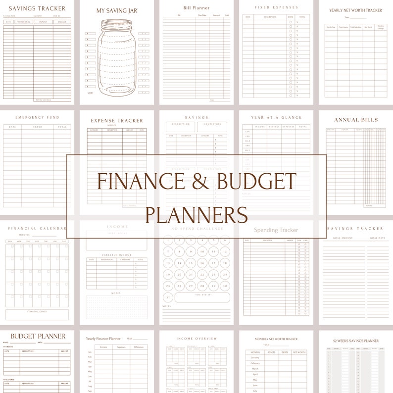 May include: A printable set of 12 finance and budget planner pages. The pages are designed to help you track your income, expenses, savings, and net worth. The pages are in a minimalist style with brown lines and text.