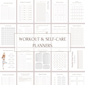May include: A set of printable planner pages for tracking workouts, self-care, and other health and wellness goals. The pages feature a minimalist design with a light gray background and black text. The pages include sections for tracking sleep, fitness, water intake, gratitude, steps, and more.