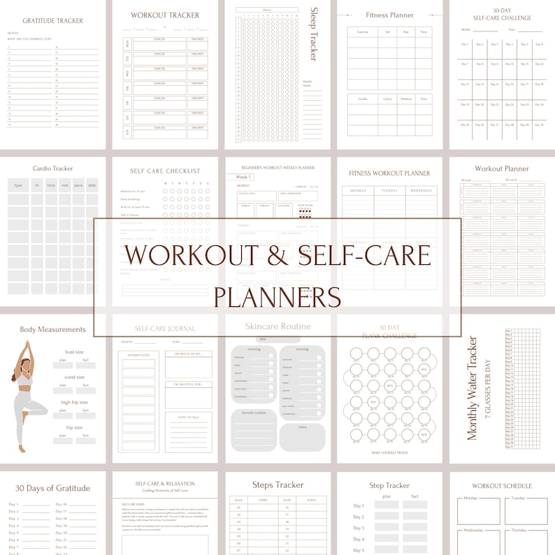May include: A set of printable planner pages for tracking workouts, self-care, and other health and wellness goals. The pages feature a minimalist design with a light gray background and black text. The pages include sections for tracking sleep, fitness, water intake, gratitude, steps, and more.