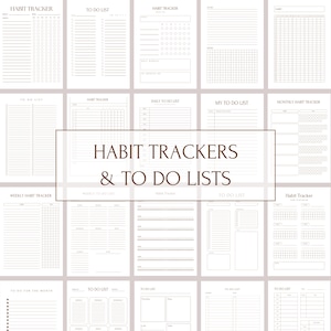 May include: A printable sheet with a collection of habit trackers and to-do lists. The sheet is divided into 16 sections, each with a different type of tracker or list. The trackers and lists are all in black and white, with a simple, minimalist design.
