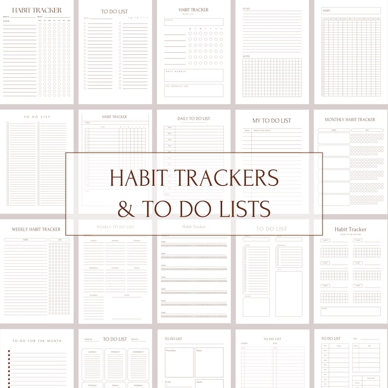 May include: A printable sheet with a collection of habit trackers and to-do lists. The sheet is divided into 16 sections, each with a different type of tracker or list. The trackers and lists are all in black and white, with a simple, minimalist design.