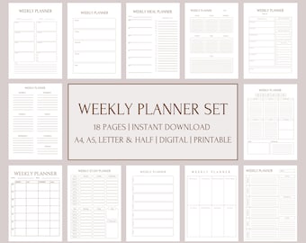 May include: A set of 18 printable weekly planner pages in black and white with brown lines. The pages are designed for A4, A5, Letter and Half sizes. The text "WEEKLY PLANNER SET" is in brown text at the top of the image. The text "18 PAGES | INSTANT DOWNLOAD" is in brown text below the title. The text "A4, A5, LETTER & HALF | DIGITAL | PRINTABLE" is in brown text below the download information.