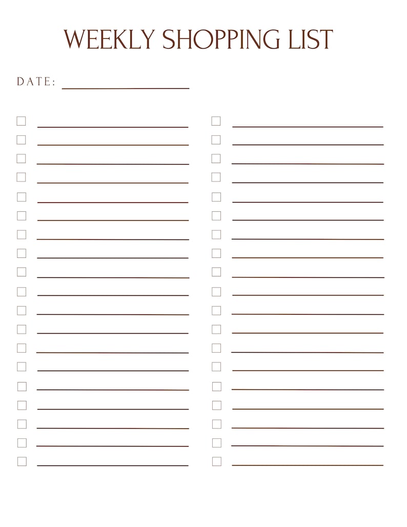 Weekly Grocery List Printable Weekly Shopping List Template Etsy