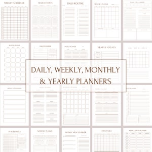 May include: A set of printable planner templates for daily, weekly, monthly, and yearly planning. The templates are in black and white with a brown border.