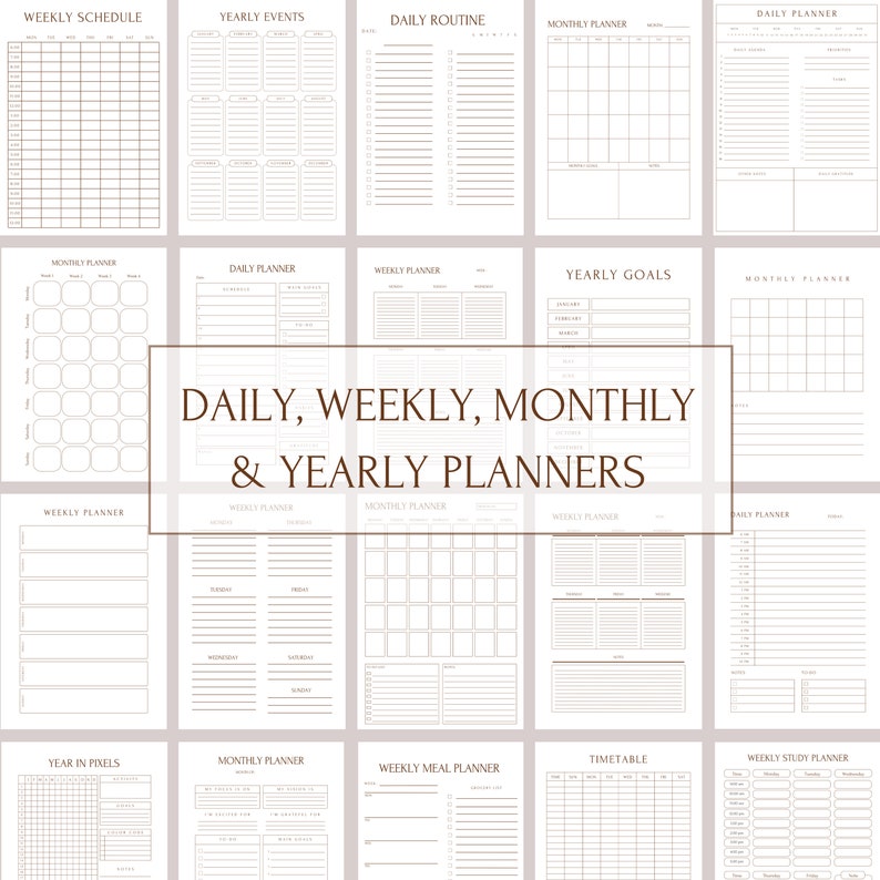 May include: A set of printable planner templates for daily, weekly, monthly, and yearly planning. The templates are in black and white with a brown border.