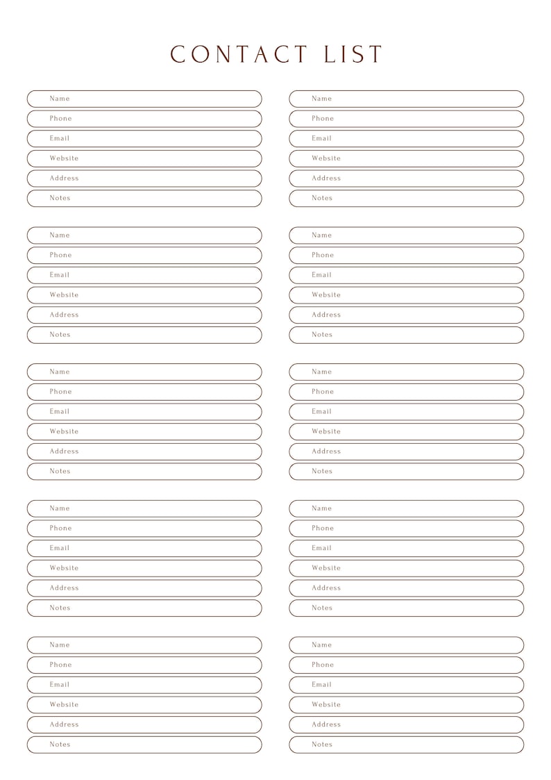 Contact List Printable Template Digital Contact List Address Book ...