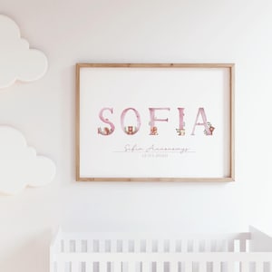 Personalisiertes rosa Namensplakat für Kinder-Kinderzimmer-Kunst - einzigartiges Tierbabygeschenk