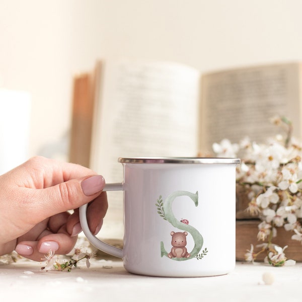 Smaller name enamel mug - 10 oz. Custom letter enamel Mug for Kids, personalized watercolour woodland enamel mug for children. Campfire