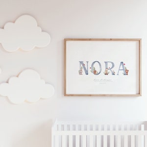 Personalized Blue Nursery Name Sign: Custom Animal Alphabet Art for Baby's Room & Kids Decor