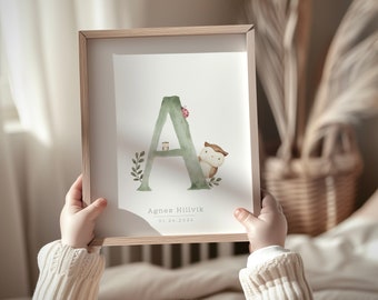 Signe de nom de chambre d'enfant, nouveau cadeau de bébé de chambre d'enfant des bois, art personnalisé de lettre d'alphabet d'aquarelle pour la décoration de chambre de bébé, cadeau de baptême personnalisé