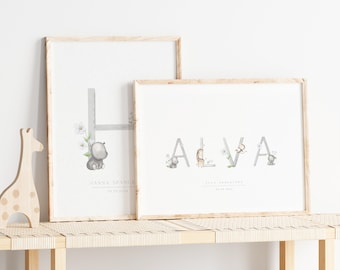 Custom Name poster - unique name decoration for kids, nursery art, forest animals poster - grey scandi letter collection.