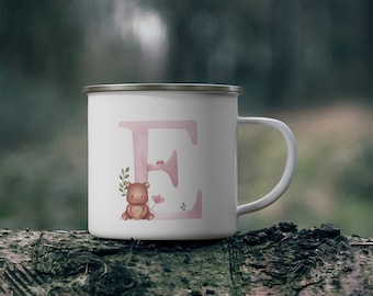 Custom Mug for Kids, Custom letter enamel Mug, including full name, pink letter teddy mug, custom enamel mug, personalized enamel mug kids