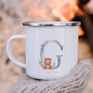 Taza de esmalte personalizada con diseño de osito azul, regalo para niños con nombre personalizado