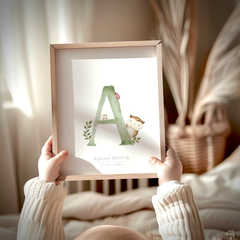 Custom Nursery Animal Alphabet Art, Personalized Watercolor Baby Room