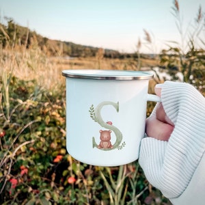 Taza de esmalte personalizada para niños: diseño personalizado de animales de safari y del bosque para chocolate caliente, regalos de campamento