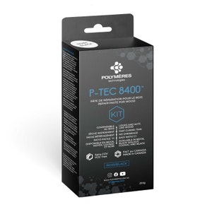 May include: A black and white box with the text "P-TEC 8400™" and "KIT" on it. The box is labeled "Repair Paste for Wood" and is made in Canada. The box is 250g.