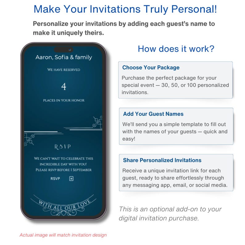 May include: A digital invitation design on a smartphone screen. The invitation is dark blue with white text, including the names "Aaron, Sofia & family" and the RSVP details. The image also includes instructions on how to personalize the invitations.