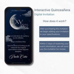 May include: A digital invitation for a Quincea&ntilde;era, displayed on a smartphone. The design features a crescent moon and stars against a dark blue background. Text includes the event details and instructions.