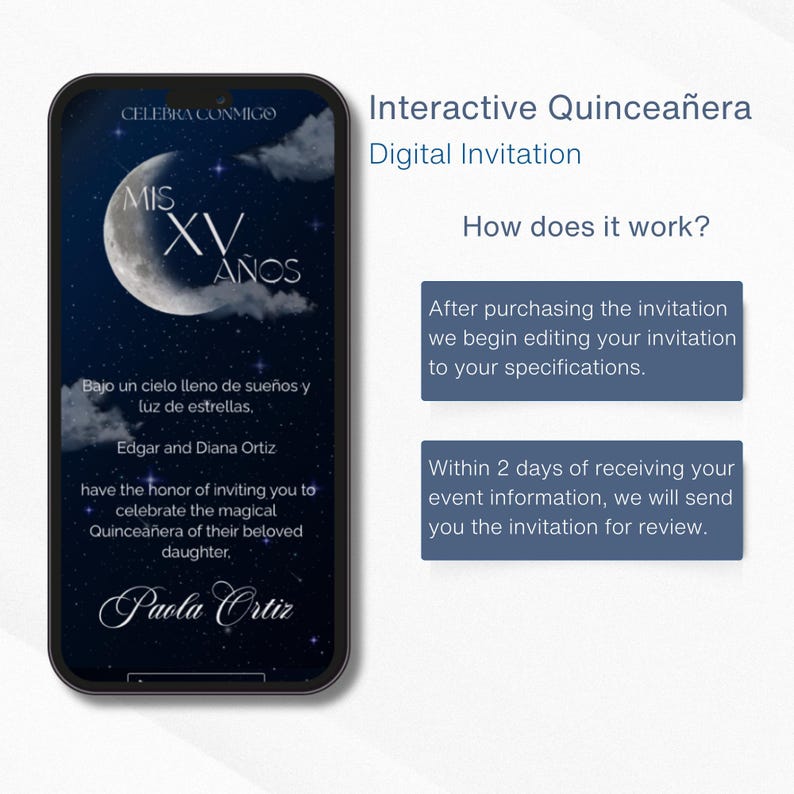 May include: A digital invitation for a Quincea&ntilde;era, displayed on a smartphone. The design features a crescent moon and stars against a dark blue background. Text includes the event details and instructions.