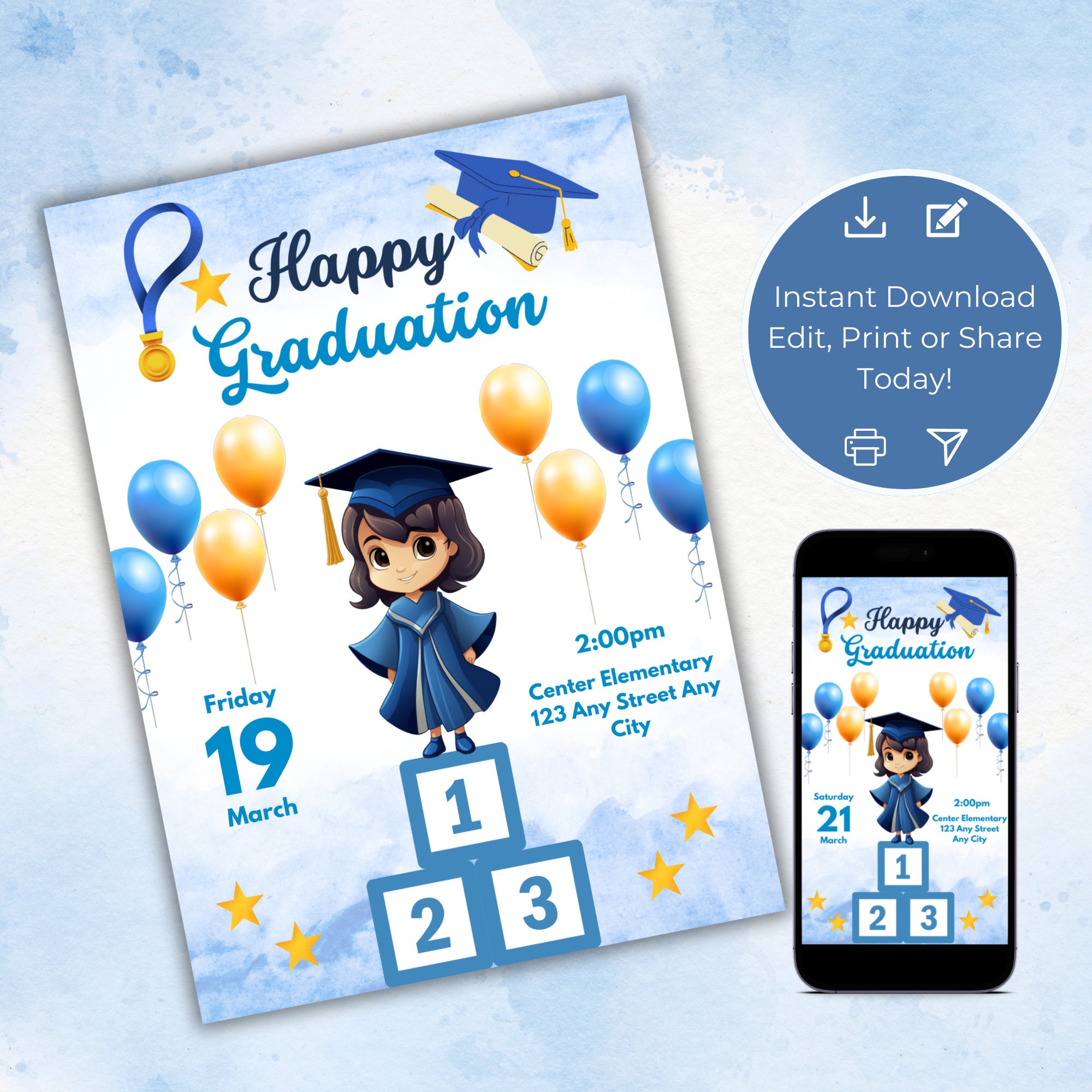 Pre-School Graduation Invitation, Kindergarten Teacher or Parent Editable Template, Digital and Printable Invite, Instant Download