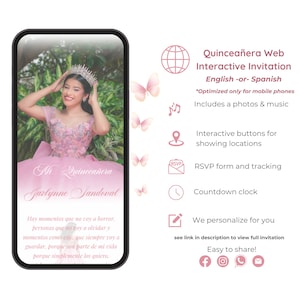 May include: A pink and white digital invitation for a Quinceañera. The invitation features a photo of a young woman in a pink dress and a crown. The text "Mi Quinceañera Jarlynne Sandoval" is displayed on the invitation. The invitation also includes a countdown clock, RSVP form, and interactive buttons for showing locations.