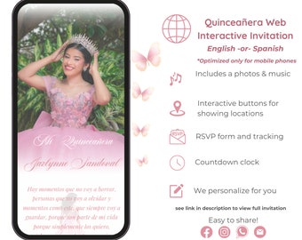 Web Quinceañera Invitation, Interactive Pink web Invite for Mis Quince 15 Anos, RSVP Tracking