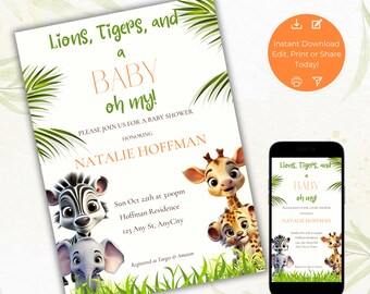 Safari Baby Shower Invitation, Jungle Baby Shower Invite, Cute Baby Animals Editable Template, Instant Download
