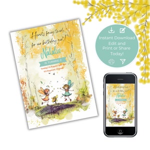 May include: A printable invitation for a birthday party with a fairy theme. The invitation features two fairies with wings, a flower, and a watercolor background. The text on the invitation reads "Heart's fairy twirl for our birthday girl! Natalie is turning 2. Sunday | 13 August | 1pm-2pm 123 Anystreet, Angtown."