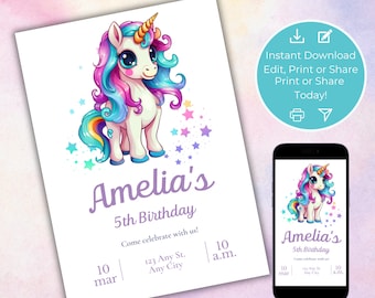 Unicorn Birthday Invitation, Editable Birthday Invite, Whimsical Fairy Tale,Printable, Digital,Instant Download