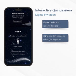 May include: A smartphone displays a digital invitation for a Quincea&ntilde;era, featuring a starry night sky design. The screen shows event details, dress code, and gift registry information. Text includes "Hawkins Ballroom" and "Semi Formal".
